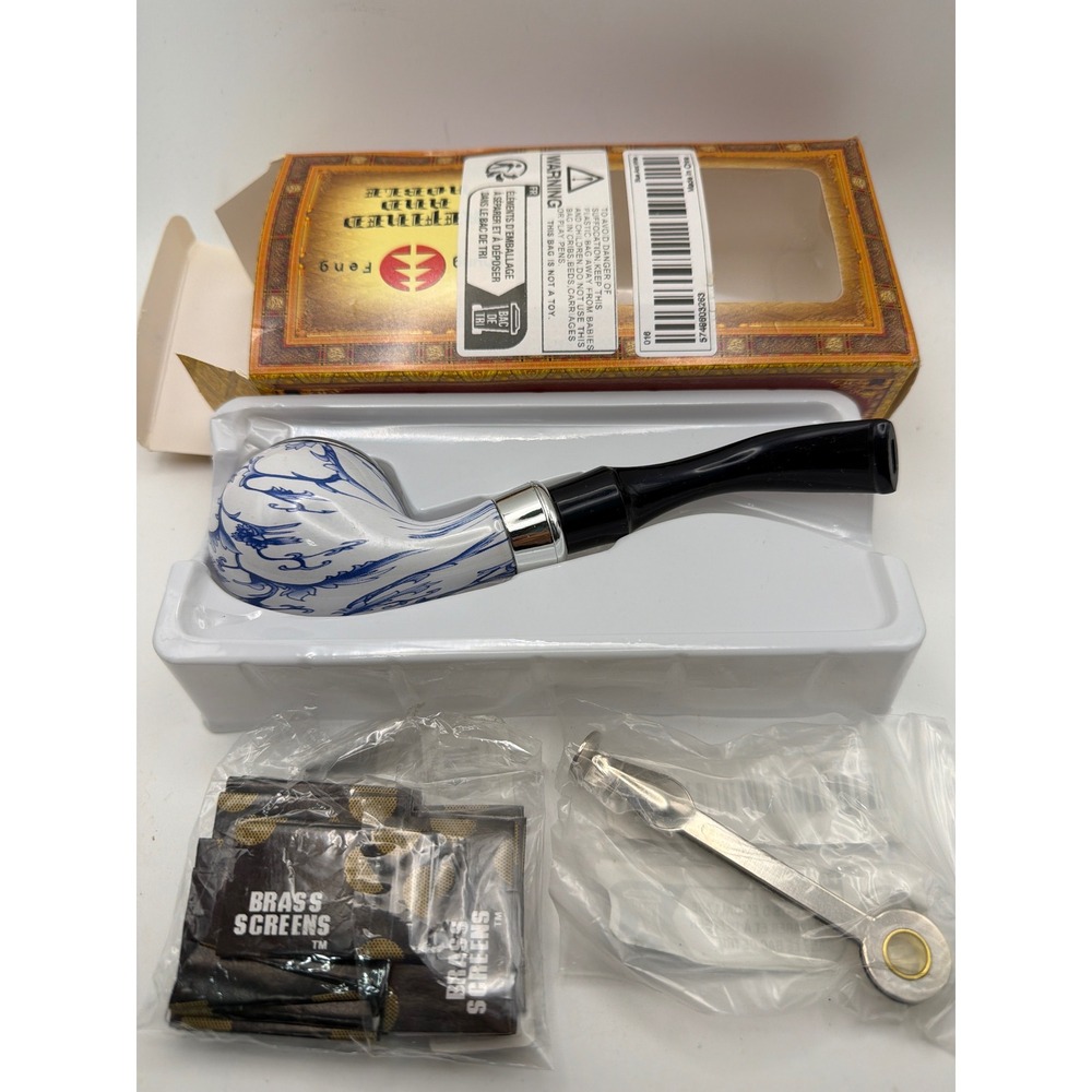 Blue White Ceramic Tobacco Smoking Pipe Set with Screens and Tamper Tool Kit